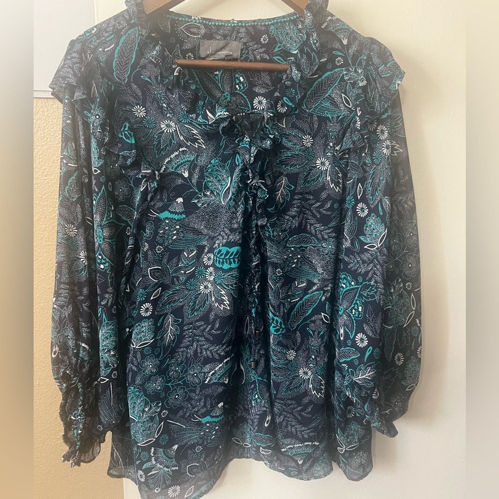 Anthropologie Floral Blouse SzXL Front Tie Semi-Sheer Whimsical Cottagecore Chic